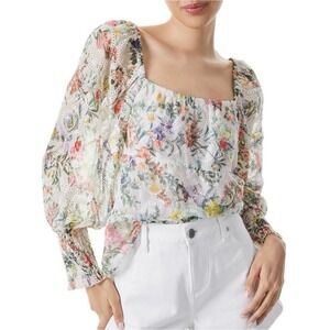 ALICE + OLIVIA Rowa Floral Embroidered Tiered Puffed-Sleeve Top Small Eyelet
